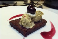 Week Two: Dark Chocolate Brownie, Pistachio Ice Cream, Cherry Reduction, and Fresh Cream