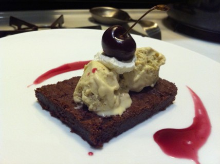 Week Two: Dark Chocolate Brownie, Pistachio Ice Cream, Cherry Reduction, and Fresh Cream