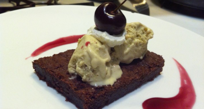 Week Two: Dark Chocolate Brownie, Pistachio Ice Cream, Cherry Reduction, and Fresh Cream Week Two: Dark Chocolate Brownie, Pistachio Ice Cream, Cherry Reduction, and Fresh Cream